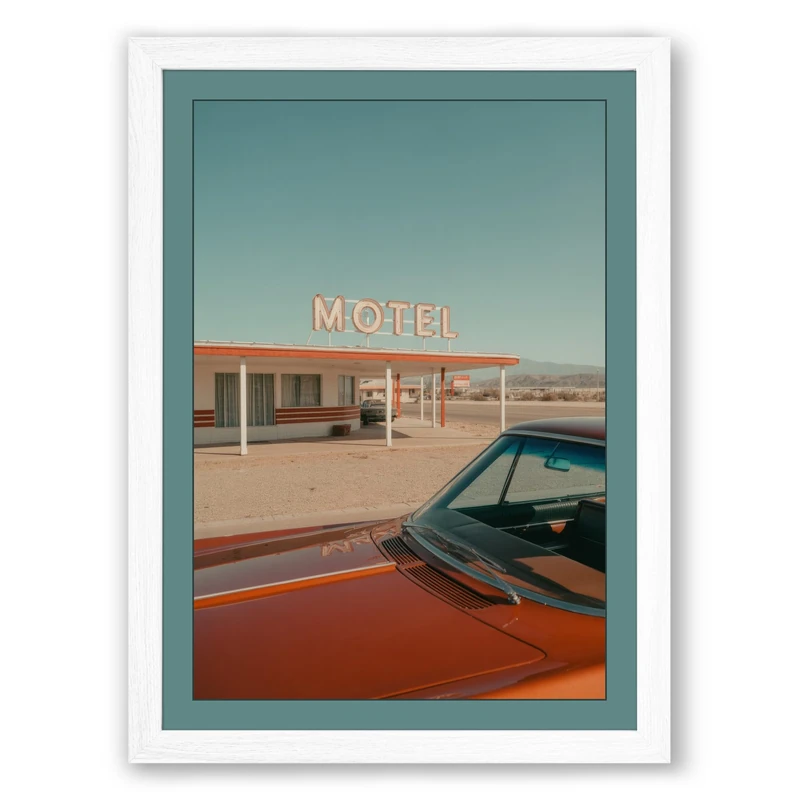 Motel at Dusk Vintage Framed Wall Art Print A1 (84.1×59.4cm) White, Wall Decor for Living Room, Bedroom, Office & Home, Ready to Hang, Art Gift