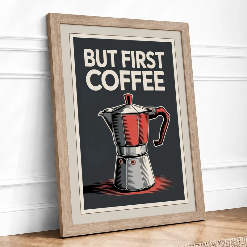 But First Coffee Retro Framed Wall Art Print A1 (84.1×59.4cm) Oak, Wall Decor for Living Room, Bedroom, Office & Home, Ready to Hang, Art Gift