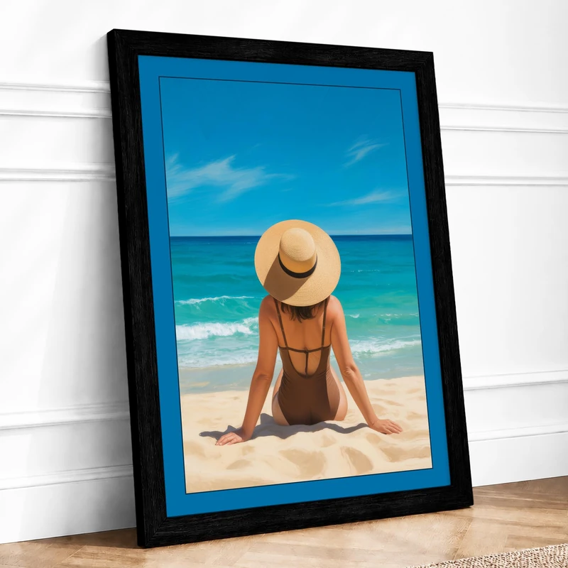 Woman by the Sea Coastal Framed Wall Art Print A1 Black