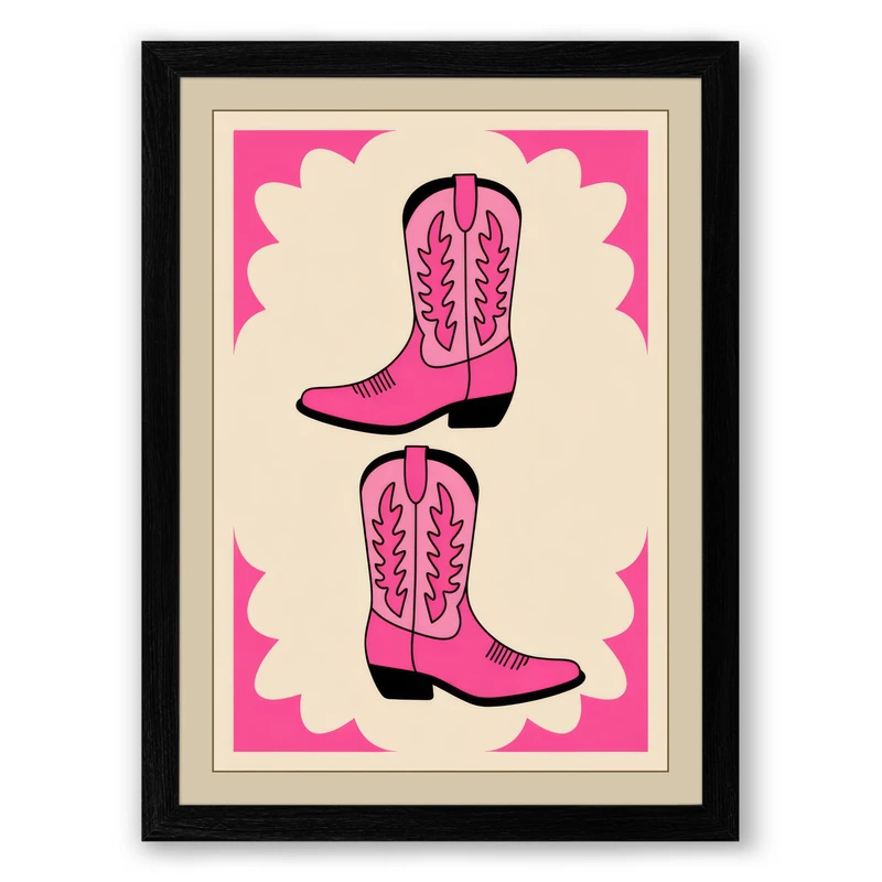 Pink Cowboy Boots Retro Framed Wall Art Print A1 (84.1×59.4cm) Black, Wall Decor for Living Room, Bedroom, Office & Home, Ready to Hang, Art Gift