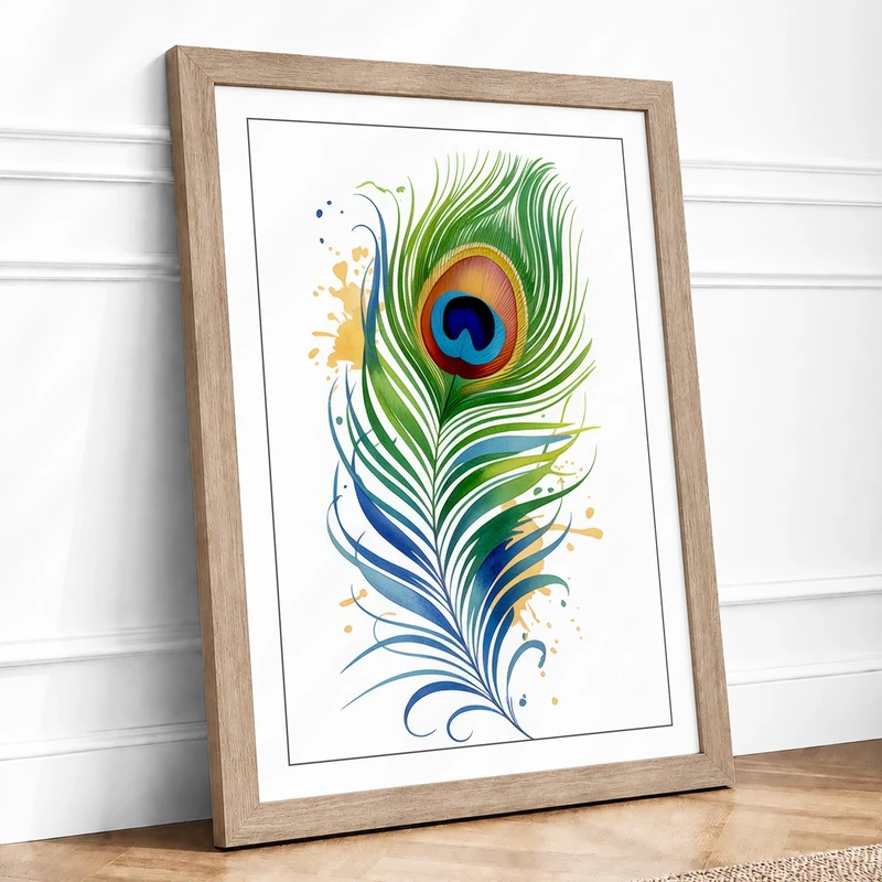 Peacock Feather Dance Botanical Framed Wall Art Print A1 (84.1×59.4cm) Oak, Wall Decor for Living Room, Bedroom, Office & Home, Ready to Hang, Art Gift