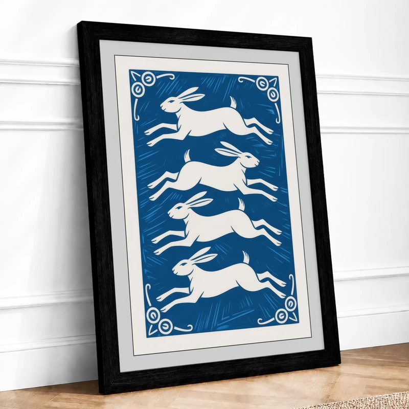 Leaping Rabbits Japandi Framed Wall Art Print A1 (84.1×59.4cm) Black, Wall Decor for Living Room, Bedroom, Office & Home, Ready to Hang, Art Gift