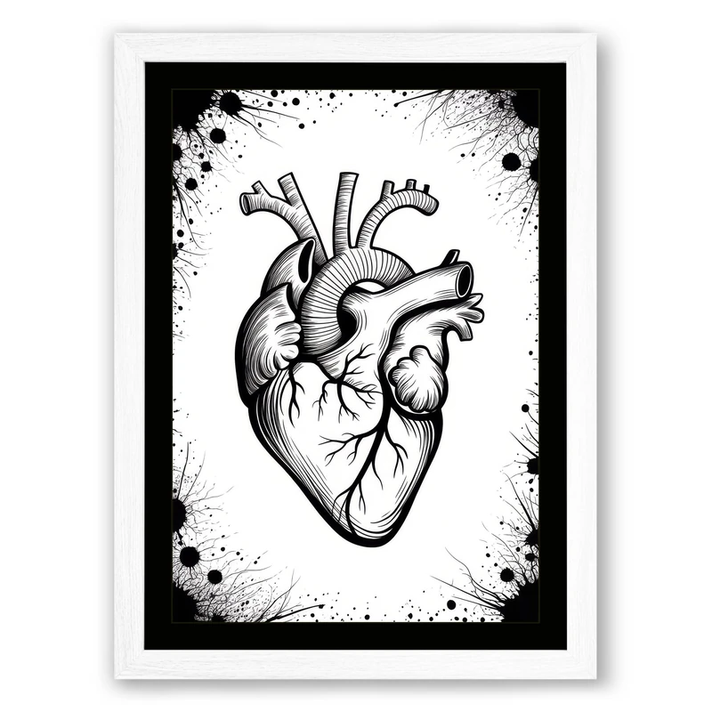 Anatomical Heart in Ink Modern Framed Wall Art Print A1 (84.1×59.4cm) White, Wall Decor for Living Room, Bedroom, Office & Home, Ready to Hang, Art Gift - Image 1