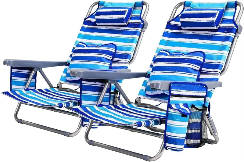 Clevich Folding Reclining Backpack Beach Chair with Lumbar Cushion, Headrest, 5 Position Recliner, Towel Rack, Storage Pockets & 140kg Capacity, Portable Sun Lounger for Camping & Fishing (2 PCS)