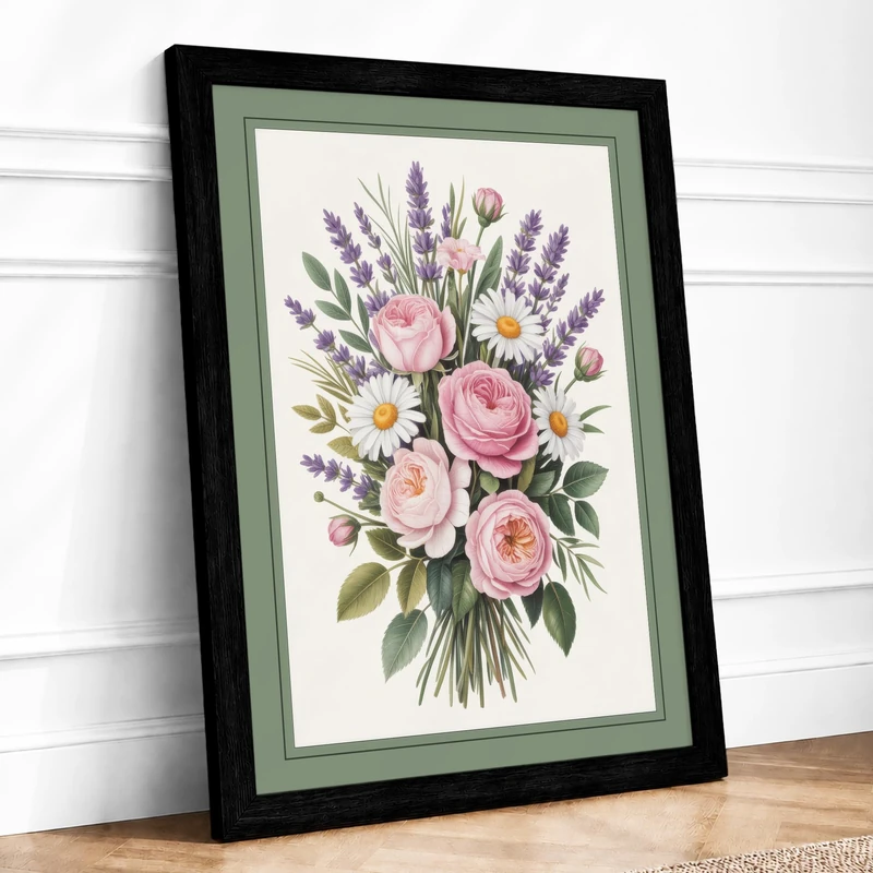 Pale Rose Arrangement Botanical Framed Wall Art Print A1 (84.1×59.4cm) Black, Wall Decor for Living Room, Bedroom, Office & Home, Ready to Hang, Art Gift