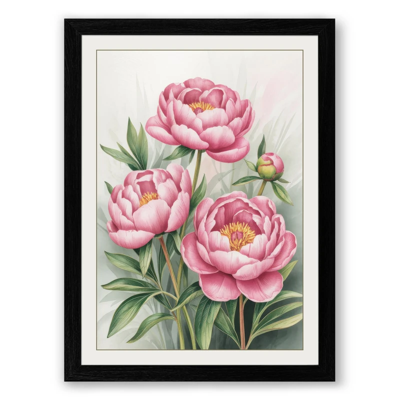 Peony Blooms Botanical Framed Wall Art Print A1 (84.1×59.4cm) Black, Wall Decor for Living Room, Bedroom, Office & Home, Ready to Hang, Art Gift