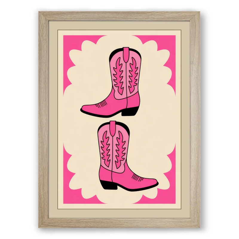 Pink Cowboy Boots Retro Framed Wall Art Print A1 (84.1×59.4cm) Oak, Wall Decor for Living Room, Bedroom, Office & Home, Ready to Hang, Art Gift