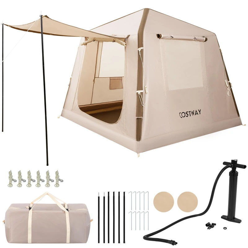 FANTASK Inflatable Tent, 210 x 210 x 180 cm, Outdoor Camping Tent with Mosquito Net Windows, Pop Up Tent with Pump & Carry Bag, Family Tent with Ground Anchors & Guy Ropes for 2-4 People