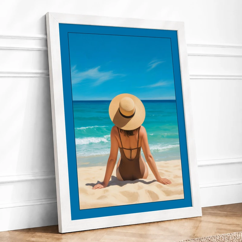 Woman by the Sea Coastal Framed Wall Art Print A1 White