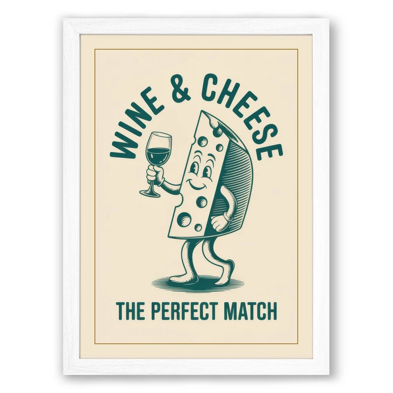 Wine and Cheese Match Retro Framed Wall Art Print A1 (84.1×59.4cm) White, Wall Decor for Living Room, Bedroom, Office & Home, Ready to Hang, Art Gift
