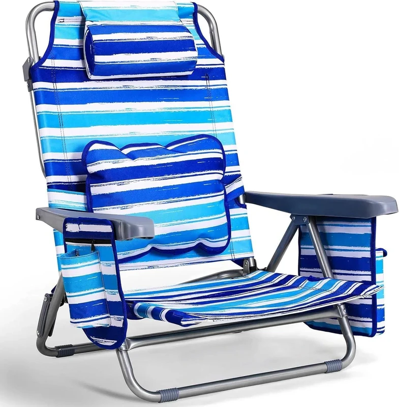 Clevich Folding Reclining Backpack Beach Chair with Lumbar Cushion, Headrest, 5 Position Recliner, Towel Rack, Storage Pockets & 140kg Capacity, Portable Sun Lounger for Camping, Picnics & Fishing