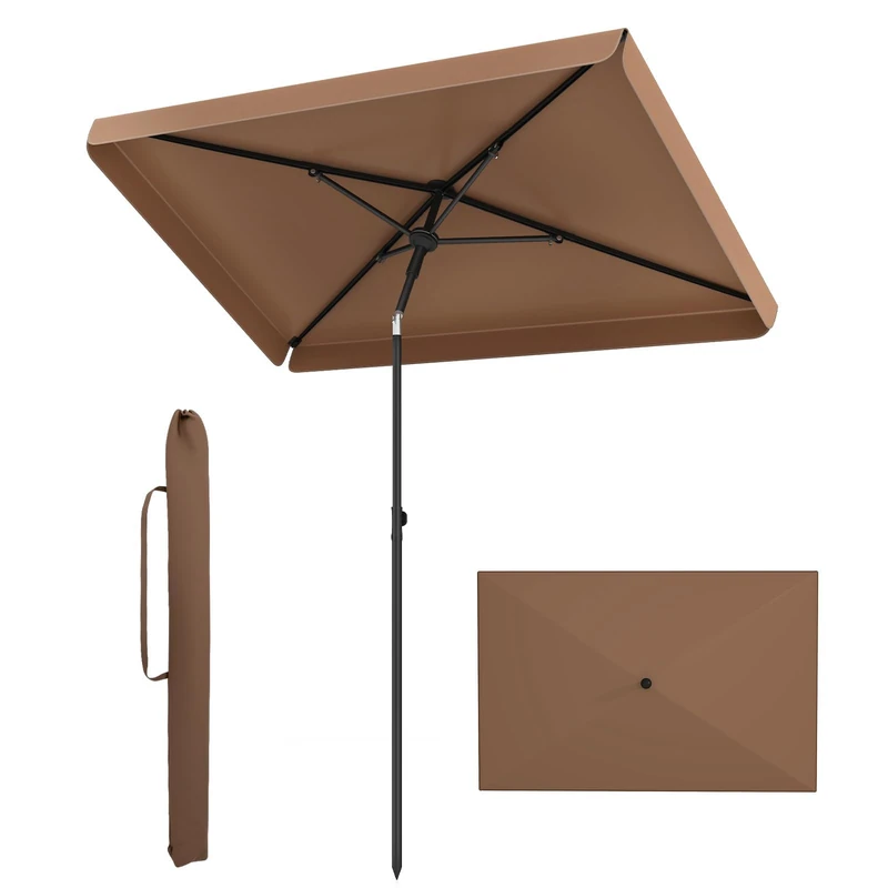 FANTASK Balcony Parasol, 210 x 130 cm, Garden Umbrella Rectangular with Carry Bag, 30° Bendable on Both Sides, Balcony Umbrella, Patio Umbrella for Balcony, Garden, Patio (Brown)