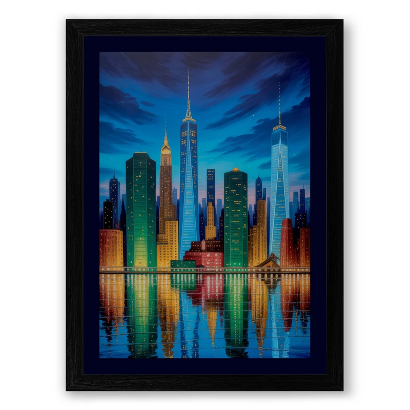 New York at Dusk Modern Framed Wall Art Print A1 (84.1×59.4cm) Black, Wall Decor for Living Room, Bedroom, Office & Home, Ready to Hang, Art Gift