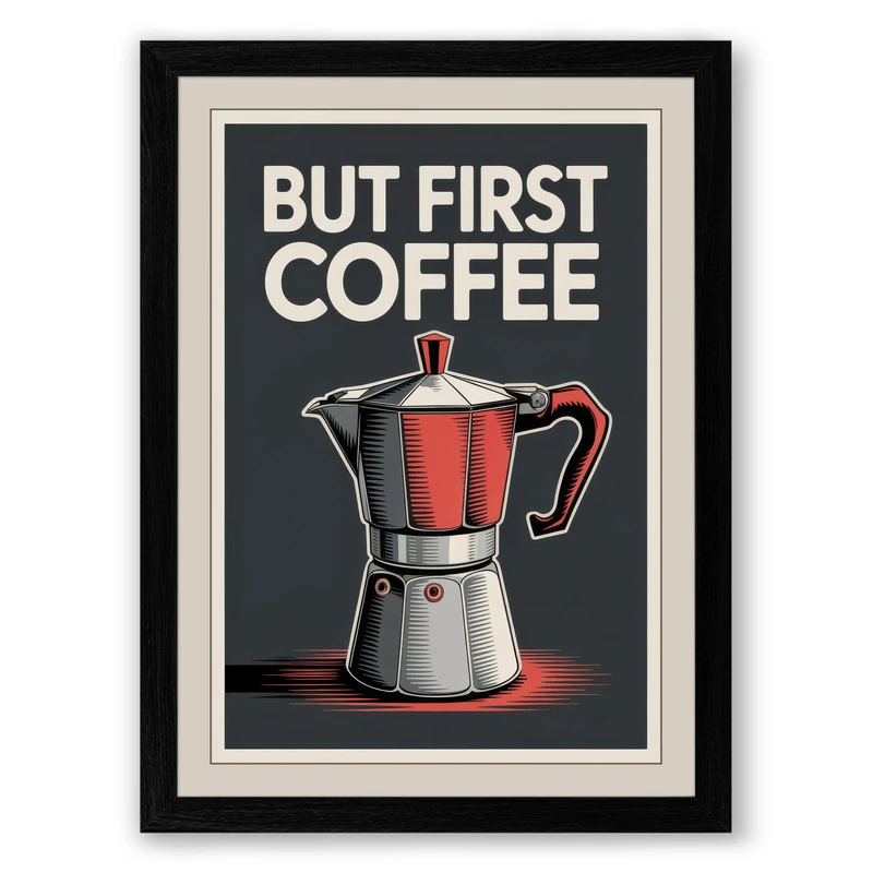 But First Coffee Retro Framed Wall Art Print A1 (84.1×59.4cm) Black, Wall Decor for Living Room, Bedroom, Office & Home, Ready to Hang, Art Gift