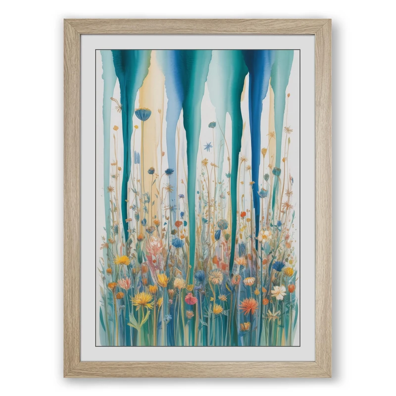 Wildflowers in Rain Modern Framed Wall Art Print A1 (84.1×59.4cm) Oak, Wall Decor for Living Room, Bedroom, Office & Home, Ready to Hang, Art Gift