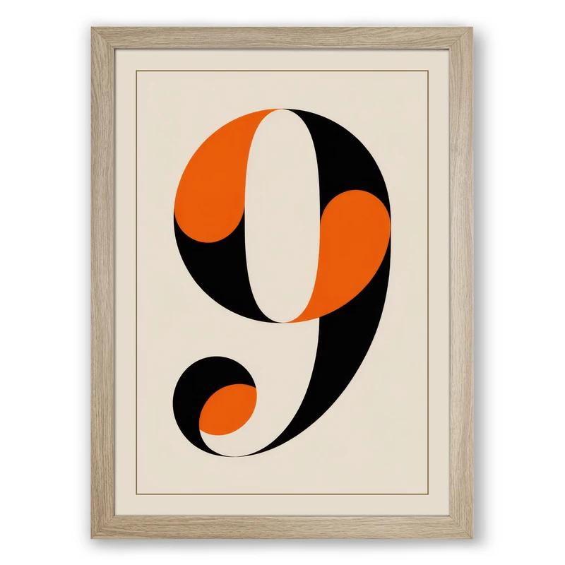 Bold Number Nine Geometric Framed Wall Art Print A1 (84.1×59.4cm) Oak, Wall Decor for Living Room, Bedroom, Office & Home, Ready to Hang, Art Gift