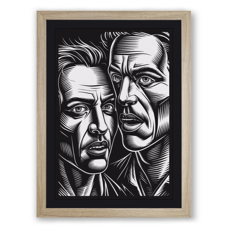 Two Faces in Shadow Graphic Art Framed Wall Art Print A1 (84.1×59.4cm) Oak, Wall Decor for Living Room, Bedroom, Office & Home, Ready to Hang, Art Gift - Image 1