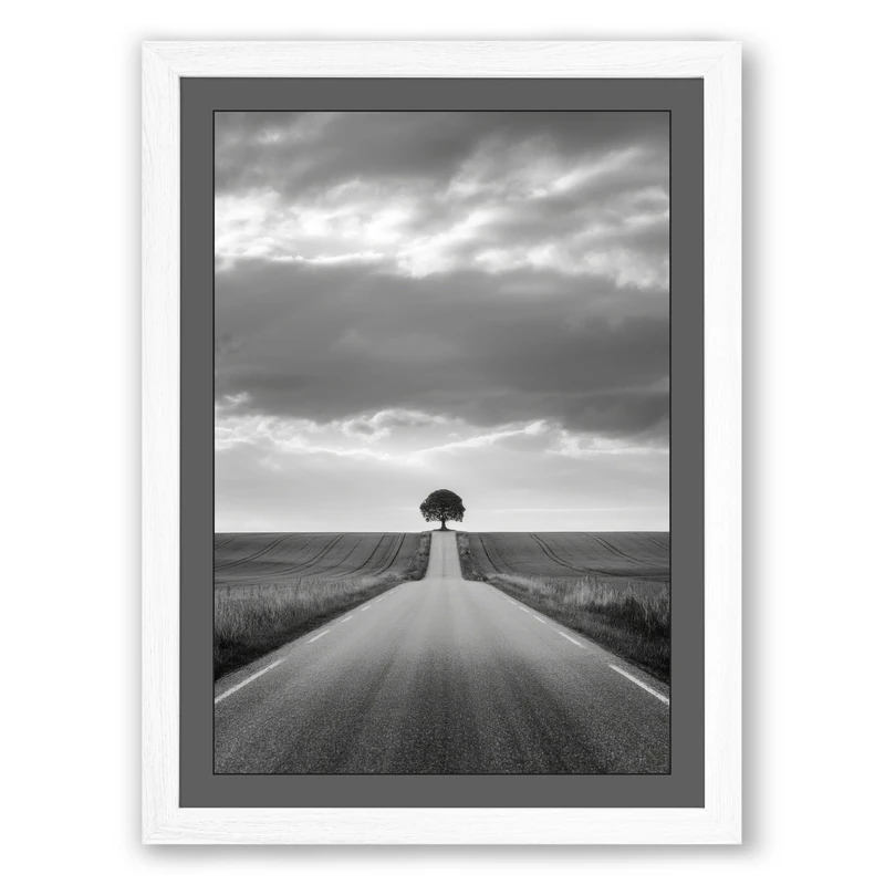 Tree at Road's End Minimalist Framed Wall Art Print A1 (84.1×59.4cm) White, Wall Decor for Living Room, Bedroom, Office & Home, Ready to Hang, Art Gift