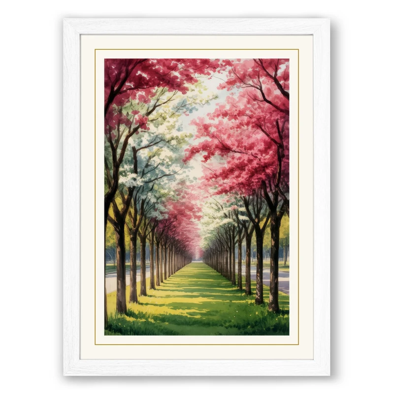 Cherry Blossom Avenue Botanical Framed Wall Art Print A1 (84.1×59.4cm) White, Wall Decor for Living Room, Bedroom, Office & Home, Ready to Hang, Art Gift
