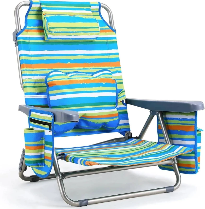 Clevich Folding Reclining Backpack Beach Chair with Lumbar Cushion, Headrest, 5 Position Recliner, Towel Rack, Storage Pockets & 140kg Capacity, Portable Sun Lounger for Camping, Picnics & Fishing