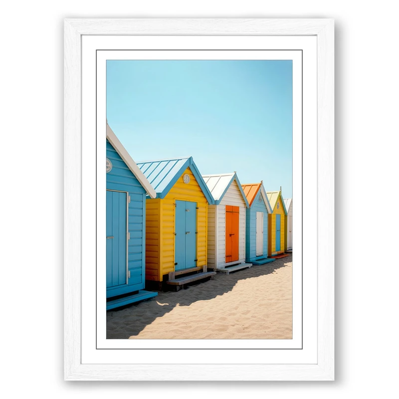 Beach Huts in Line Coastal Framed Wall Art Print A1 (84.1×59.4cm) White, Wall Decor for Living Room, Bedroom, Office & Home, Ready to Hang, Art Gift - Image 1