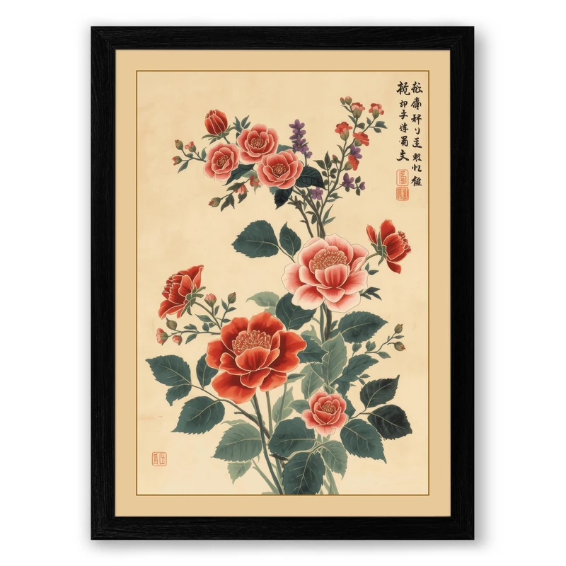 Peonies and Roses Botanical Framed Wall Art Print A1 (84.1×59.4cm) Black, Wall Decor for Living Room, Bedroom, Office & Home, Ready to Hang, Art Gift - Image 1