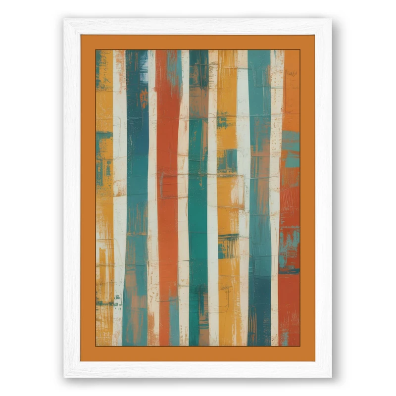 Striped Earth Tones Retro Framed Wall Art Print A1 (84.1×59.4cm) White, Wall Decor for Living Room, Bedroom, Office & Home, Ready to Hang, Art Gift