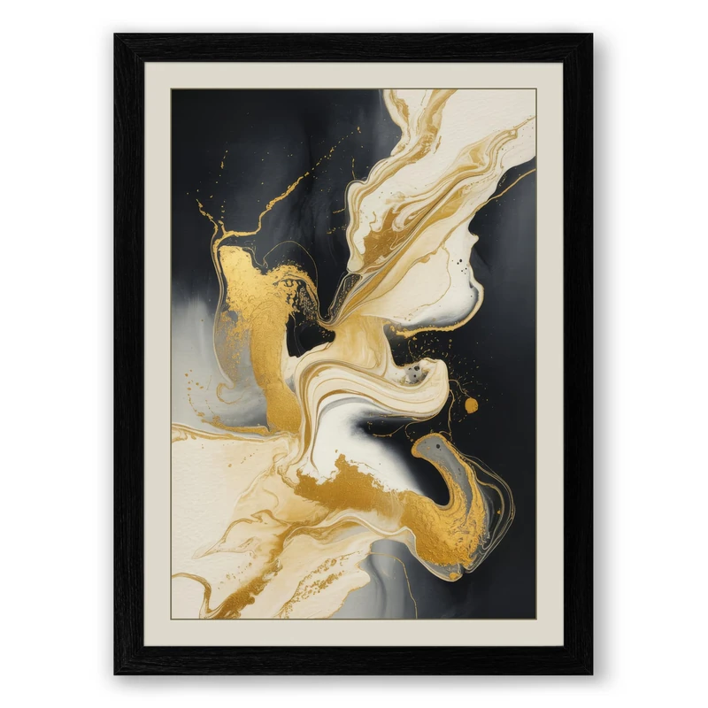 Golden Flow Abstract Framed Wall Art Print A1 (84.1×59.4cm) Black, Wall Decor for Living Room, Bedroom, Office & Home, Ready to Hang, Art Gift