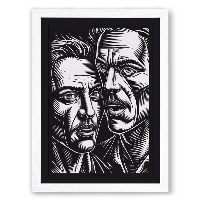 Two Faces in Shadow Graphic Art Framed Wall Art Print A1 (84.1×59.4cm) White, Wall Decor for Living Room, Bedroom, Office & Home, Ready to Hang, Art Gift