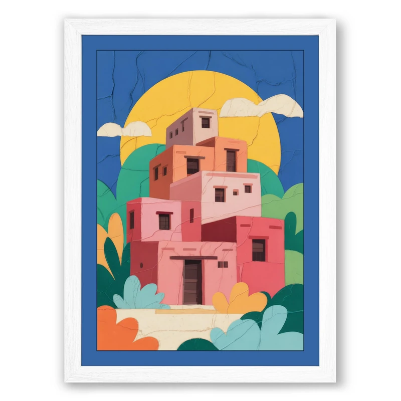 Terracotta House and Sun Modern Framed Wall Art Print A1 (84.1×59.4cm) White, Wall Decor for Living Room, Bedroom, Office & Home, Ready to Hang, Art Gift - Image 1