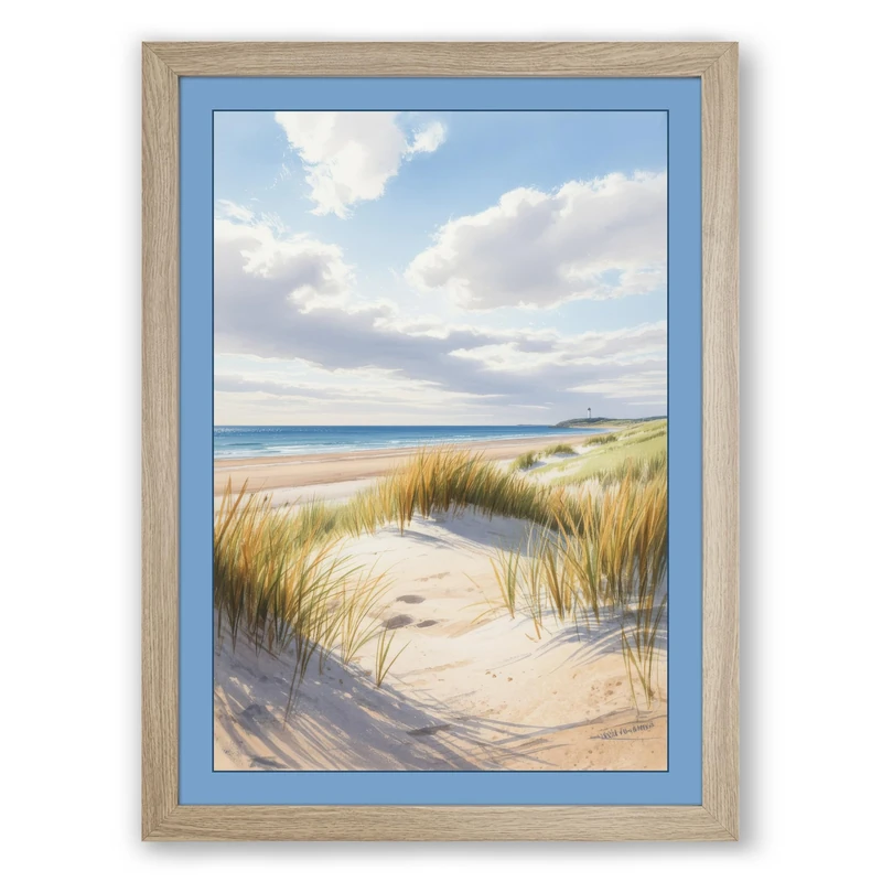 Dunes at Rest Coastal Framed Wall Art Print A1 (84.1×59.4cm) Oak, Wall Decor for Living Room, Bedroom, Office & Home, Ready to Hang, Art Gift