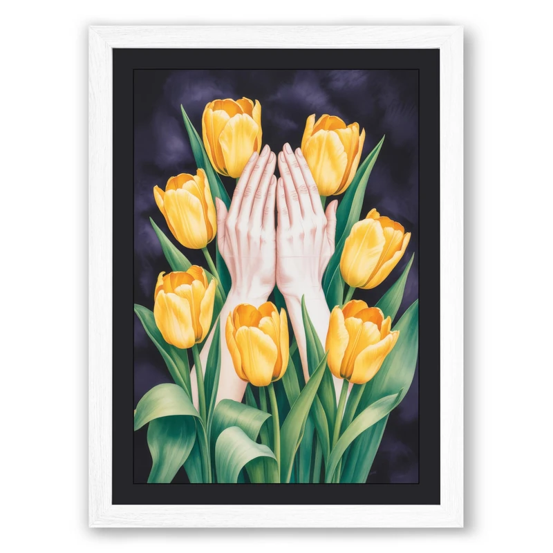 Hands and Tulips Botanical Framed Wall Art Print A1 (84.1×59.4cm) White, Wall Decor for Living Room, Bedroom, Office & Home, Ready to Hang, Art Gift - Image 1