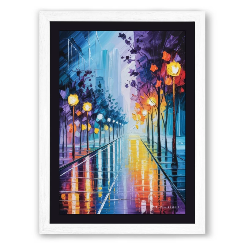 Dusk on the Avenue Modern Framed Wall Art Print A1 (84.1×59.4cm) White, Wall Decor for Living Room, Bedroom, Office & Home, Ready to Hang, Art Gift