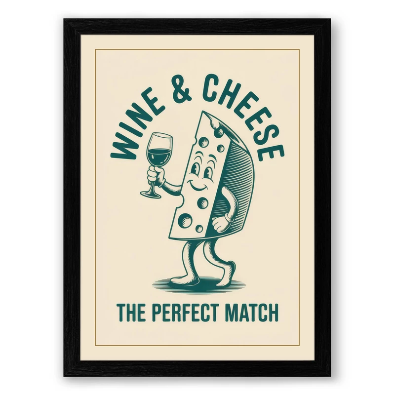 Wine and Cheese Match Retro Framed Wall Art Print A1 (84.1×59.4cm) Black, Wall Decor for Living Room, Bedroom, Office & Home, Ready to Hang, Art Gift