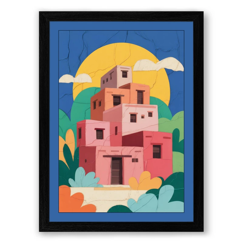 Terracotta House and Sun Modern Framed Wall Art Print A1 (84.1×59.4cm) Black, Wall Decor for Living Room, Bedroom, Office & Home, Ready to Hang, Art Gift - Image 1
