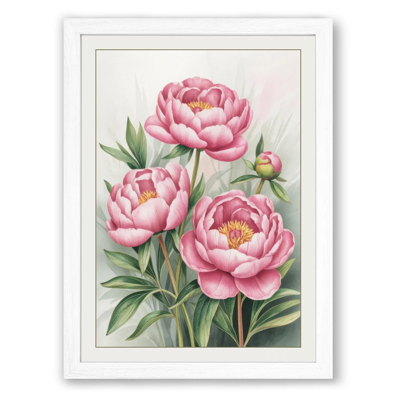 Peony Blooms Botanical Framed Wall Art Print A1 (84.1×59.4cm) White, Wall Decor for Living Room, Bedroom, Office & Home, Ready to Hang, Art Gift