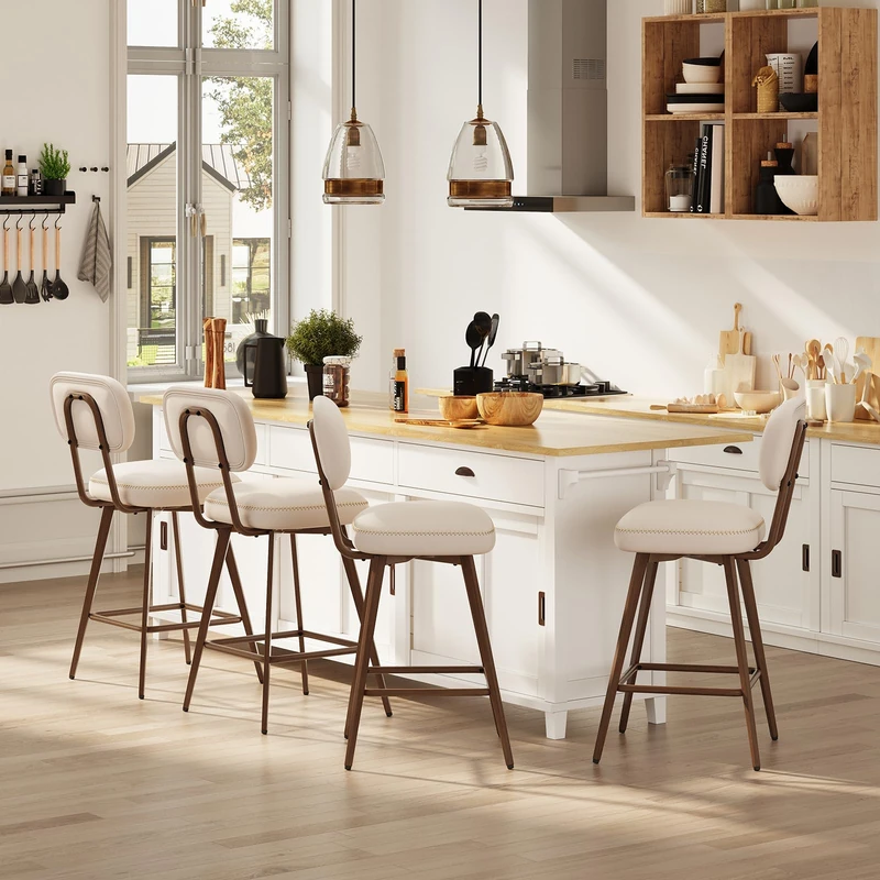 MALOL PU Leather Breakfast Bar Stools Set of 4, Swivel Kitchen Bar Chairs with Backrest and Metal Legs, Modern Barstools Counter with Anti-Slip Pads for Kitchen Island, Dining Room, Beige
