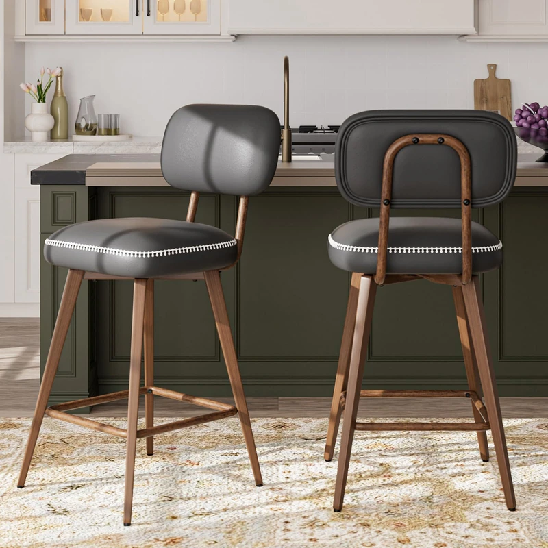MALOL PU Leather Breakfast Bar Stools Set of 2, Swivel Kitchen Bar Chairs with Backrest and Metal Legs, Modern Barstools Counter with Anti-Slip Pads for Kitchen Island, Dining Room, Black