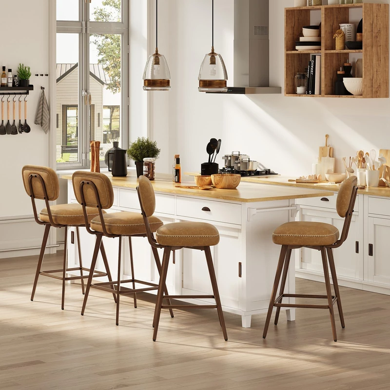 MALOL PU Leather Breakfast Bar Stools Set of 4, Swivel Kitchen Bar Chairs with Backrest and Metal Legs, Modern Barstools Counter with Anti-Slip Pads for Kitchen Island, Dining Room, Brown