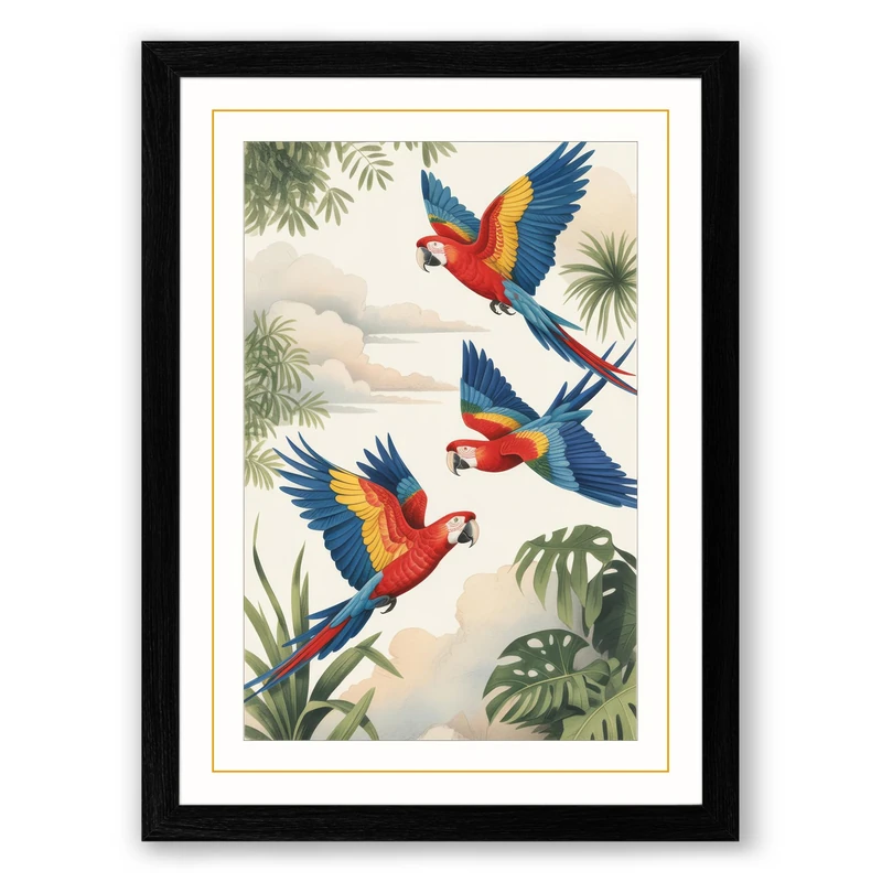 Macaws in Flight Tropical Framed Wall Art Print A1 (84.1×59.4cm) Black, Wall Decor for Living Room, Bedroom, Office & Home, Ready to Hang, Art Gift