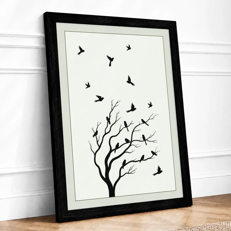 Birds in Flight Minimalist Framed Wall Art Print A1 (84.1×59.4cm) Black, Wall Decor for Living Room, Bedroom, Office & Home, Ready to Hang, Art Gift