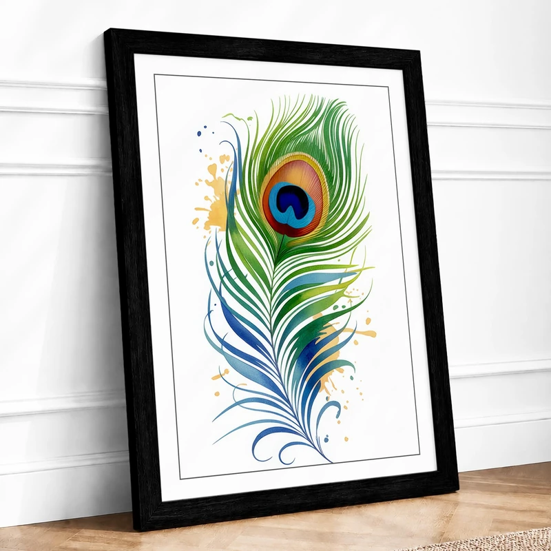 Peacock Feather Dance Botanical Framed Wall Art Print A1 (84.1×59.4cm) Black, Wall Decor for Living Room, Bedroom, Office & Home, Ready to Hang, Art Gift - Image 1