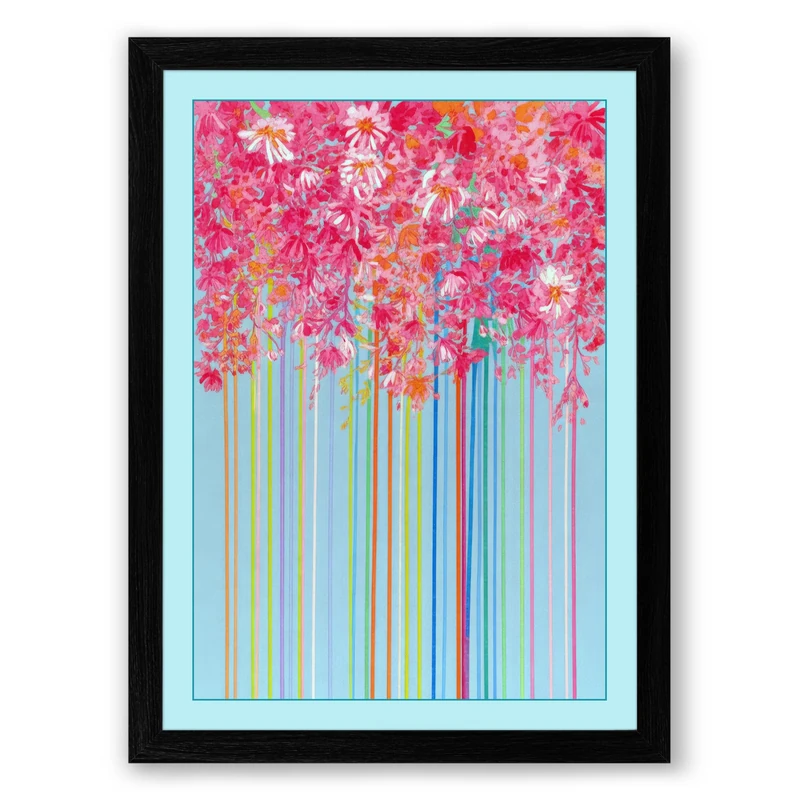 Blooms and Stripes Modern Framed Wall Art Print A1 (84.1×59.4cm) Black, Wall Decor for Living Room, Bedroom, Office & Home, Ready to Hang, Art Gift