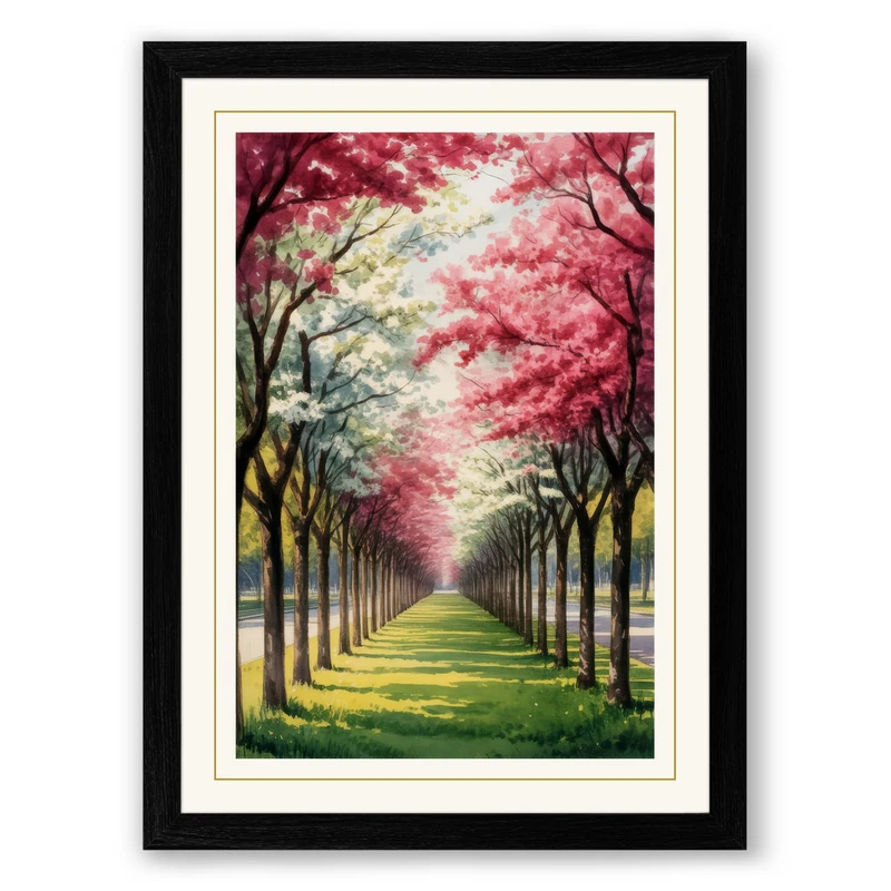 Cherry Blossom Avenue Botanical Framed Wall Art Print A1 (84.1×59.4cm) Black, Wall Decor for Living Room, Bedroom, Office & Home, Ready to Hang, Art Gift