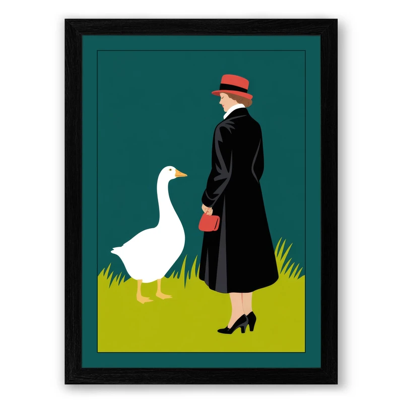Woman and Goose Modern Framed Wall Art Print A1 (84.1×59.4cm) Black, Wall Decor for Living Room, Bedroom, Office & Home, Ready to Hang, Art Gift
