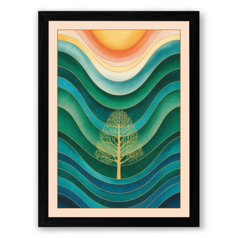 Tree in Layered Landscape Modern Framed Wall Art Print A1 (84.1×59.4cm) Black, Wall Decor for Living Room, Bedroom, Office & Home, Ready to Hang, Art Gift