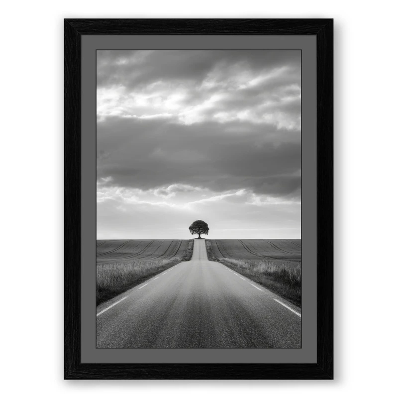 Tree at Road's End Minimalist Framed Wall Art Print A1 (84.1×59.4cm) Black, Wall Decor for Living Room, Bedroom, Office & Home, Ready to Hang, Art Gift