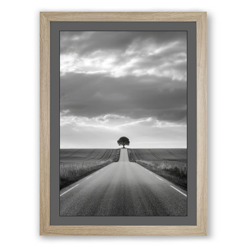 Tree at Road's End Minimalist Framed Wall Art Print A1 (84.1×59.4cm) Oak, Wall Decor for Living Room, Bedroom, Office & Home, Ready to Hang, Art Gift - Image 1