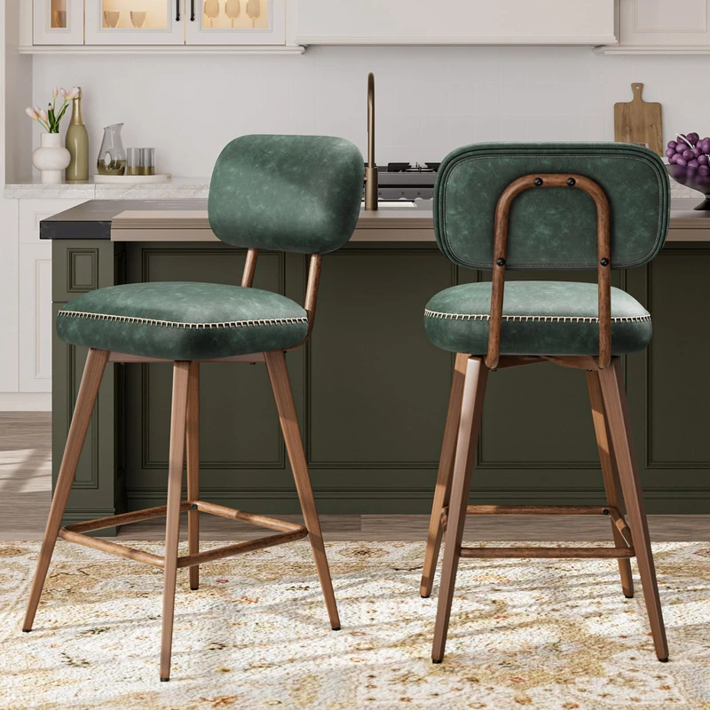 MALOL PU Leather Breakfast Bar Stools Set of 2, Swivel Kitchen Bar Chairs with Backrest and Metal Legs, Modern Barstools Counter with Anti-Slip Pads for Kitchen Island, Dining Room, Green