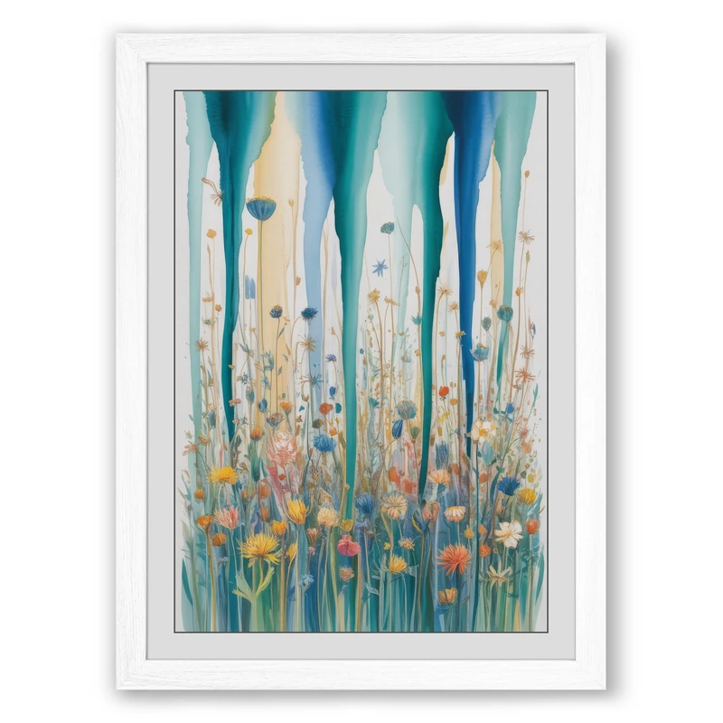 Wildflowers in Rain Modern Framed Wall Art Print A1 (84.1×59.4cm) White, Wall Decor for Living Room, Bedroom, Office & Home, Ready to Hang, Art Gift